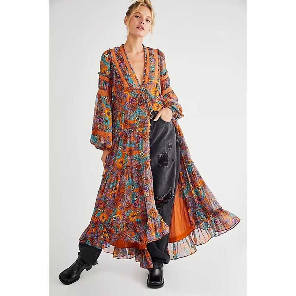FREE PEOPLE | Cassis Printed Chiffon Maxi Dress Womens M Rust Floral Boho 70s